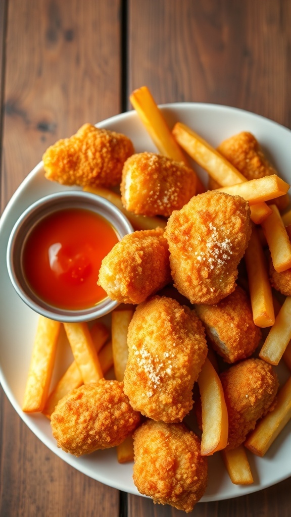 Crispy chicken nuggets and fries served with dipping sauce on a rustic wooden table.